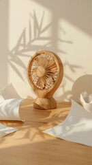 Minimalist wooden fan on a table with natural sunlight and leaf shadows.
