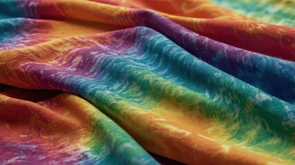 Vibrant tiedye fabric with rich rainbow colors and textured patterns