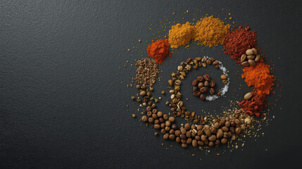 Various spices, artfully arranged in a spiral shape on a dark background, symbolizing rich flavors and culinary art.