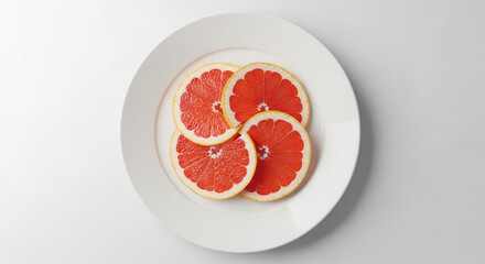 Vibrant grapefruit slices neatly arranged on a white plate, symbolizing freshness and healthy eating.
