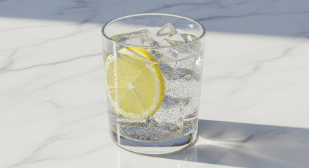 Refreshing drink with lemon and ice in a glass on a white marble table, a perfect symbol of freshness and summer mood.