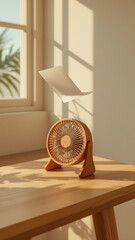 Minimalist wooden fan on a table with natural sunlight and leaf shadows.
