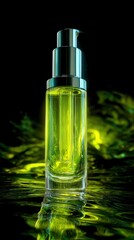 Fototapeta premium Tech beauty product in Cyber Lime environment, sleek serum bottle, high contrast neon reflections