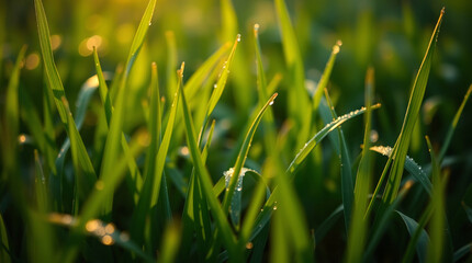 Close-up of vibrant green grass blades with shimmering dew in soft sunlight