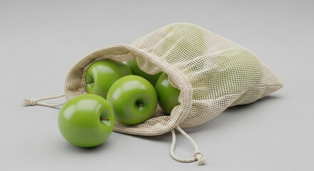 Green apples in a reusable mesh bag, symbolizing eco-friendliness and healthy eating.