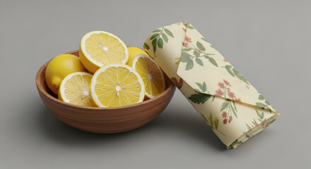 Fresh lemons in a wooden bowl and a product wrapped in beeswax packaging, symbolizing eco-friendliness.