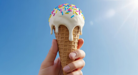 A hand holds an ice cream cone topped with glaze and colorful sprinkles against a blue sky background.