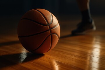 A basketball resting on a polished court with a blurred figure in the background, representing readiness and sports gear