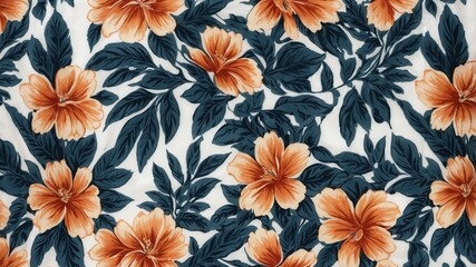 Elegant tropical floral pattern with vibrant orange hibiscus and lush green leaves