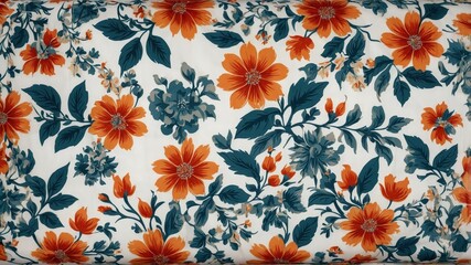 Vibrant floral pattern with orange and blue flowers on white background