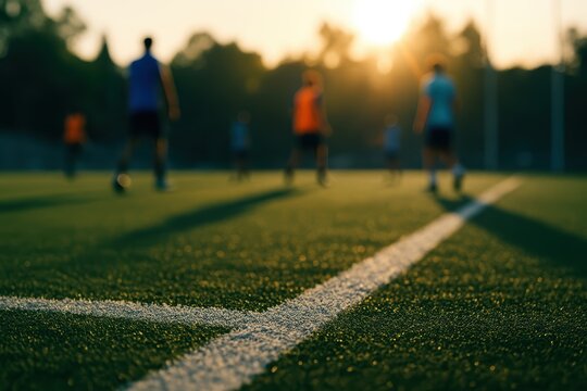 Blurry scene of players practicing soccer on a green field during sunset, capturing teamwork, exercise, and sport