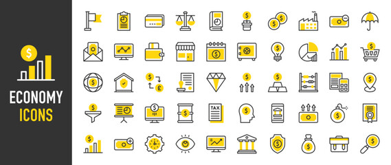 Such as Economy icons. Business Report, Money, Mission, Income, Safebox, Certificate, Credit Card, Calendar, Factory, Store, Growth, Globe Grid, Document, Outcome vector illustration.
