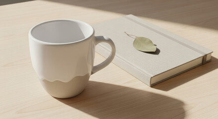 A white mug and a closed notebook with a dry leaf on a wooden table, illuminated by sunlight.