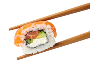 A piece of salmon sushi roll held by wooden chopsticks, featuring rice, avocado, raw fish, and cream cheese.