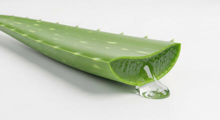 A fresh aloe vera leaf with a drop of clear gel oozing out on a white background.