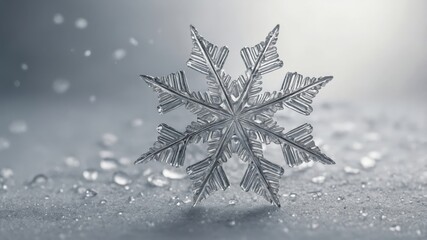 Closeup of intricate snowflake with delicate patterns on frosted surface in winter wonderland