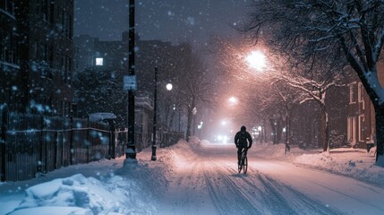 A wintry city street scene at night under snowfall.