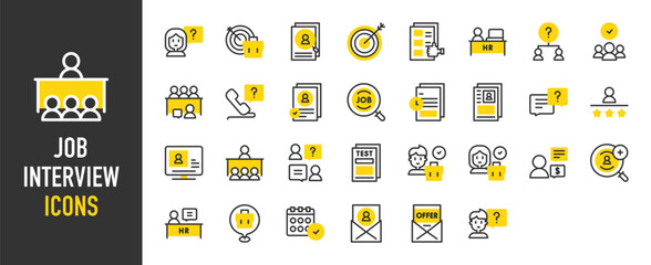Such as job interview icons. Candidate, Target, Speech Bubble, Hr, Offer, Files, Resume, Woman, Recruitment, Job, Interview, Candidate, Boy, Test vector illustration.