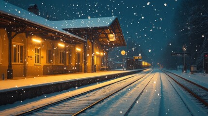 A snow-covered train station at night under a starry sky.