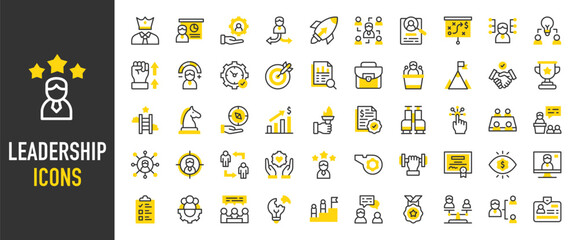Such as Leadership icons. Task, Cooperation, Human Resources, Achievement, Data Analytics, Negotiation, Weight Lifting, Leadership, Support, Certificate, Brainstorm vector illustration.
