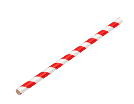 A red and white striped paper drinking straw with a cylindrical shape and smooth surface.