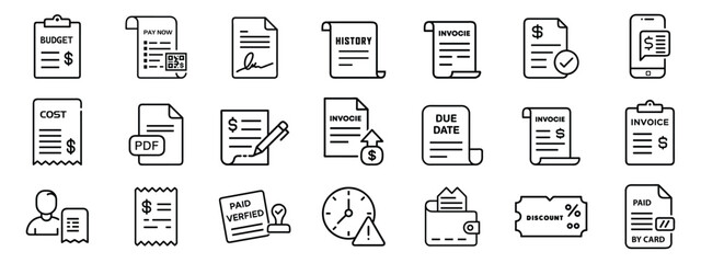 Finance and billing line vector icon set invoices, payment reminders, PDF files, signatures, receipts, discounts, icon set of financial documents including invoices, receipts, bills, budget sheets