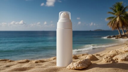 Beachside skincare: sunscreen bottle on sandy tropical shore with ocean backdrop