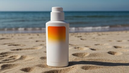 Sunscreen bottle on sandy beach with ocean background: perfect summer skin protection concept