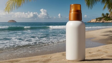 Sun protection bottle on tropical beach sand with ocean waves and palm leaves in background