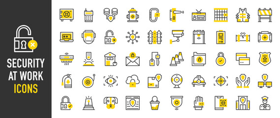 Such as Security at work icons. Security, Target, Gas Leak, Padlock, Emergency Button, Cloud Storage, Metal Detector, Credit Card, Door Lock, Helmet, Safe Box vector illustration.