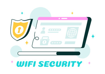 WiFi Security Vector Illustration with Wireless Technology Devices for Internet Connection, Network Protection, Safe Access, and Password Encryption