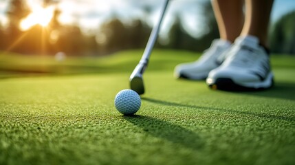 Golfer putting ball on green at sunset