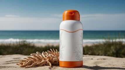 Insulated water bottle with orange cap on sandy beach by ocean waves