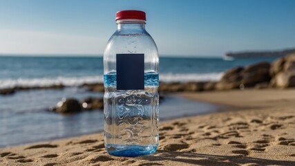 Plastic water bottle on sandy beach with ocean waves in the background