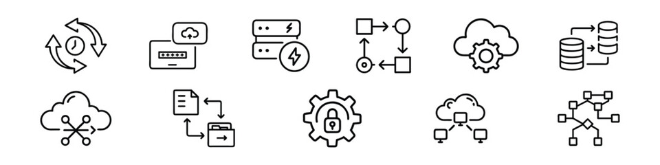 Flat outline icon set cloud technology, server management, data processing, information security, synchronization, cloud storage, encryption, data flow systems, Cloud computing, server management 