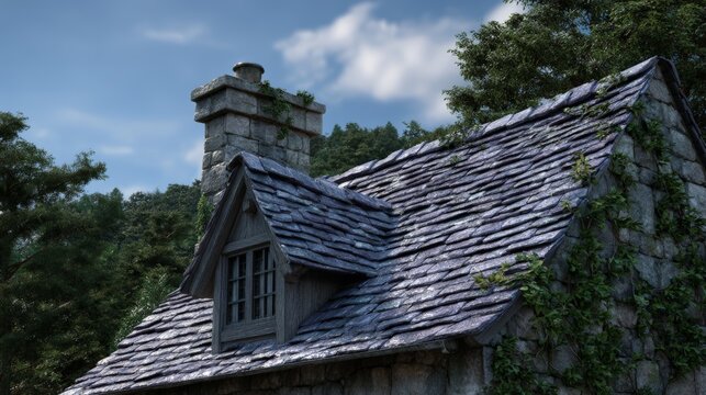 Charming rustic stone house with slate roof surrounded by nature. - Powered by Adobe