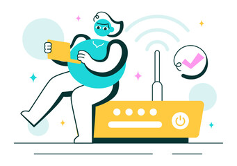 WiFi Security Vector Illustration with Wireless Technology Devices for Internet Connection, Network Protection, Safe Access, and Password Encryption