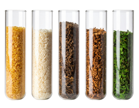 Five glass test tubes filled with different textured and colored granular or leafy substances, arranged in a row.