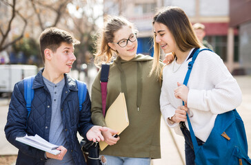 Teenage students spending time together after lessons, talking and having fun outdoors