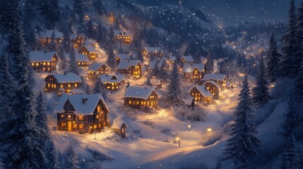 Snowy village nestled in a mountain valley at night.