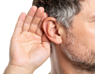 A close-up of a man cupping his hand behind his ear, signaling the act of listening intently.