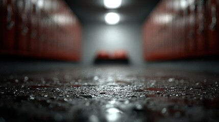 Glowing Interior of a Locker Room with Reflections on the Floor