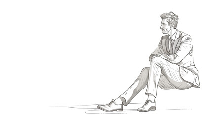 Fototapeta premium A man in black and white, looking like a pencil drawing, sitting alone in a quiet area with a sad expression.