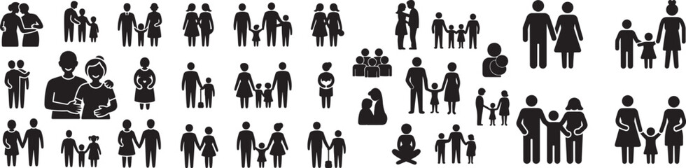 Fototapeta premium Diverse Family Silhouettes Vector Icon Set
