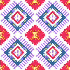 Seamless pattern with ethnic geometric shapes in Purple, Red.Ideal for textile applications.Native American tribal fabric,tile,carpet, vector design.Arabic motif on window.boho indian texture ornament