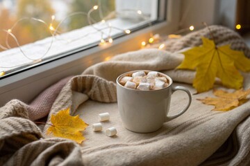 Hot cocoa with marshmallows in cozy beige setting near window, autumn maple leaves and glowing string lights in soft bokeh. Warm fall home scene with blanket, comfort drink and hygge mood.