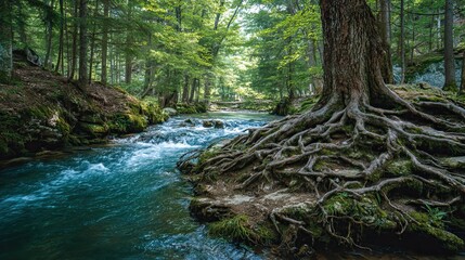 A river's branching structure follows natural fractal patterns. A clear stream flows through a dense forest with large, exposed tree roots along the riverbank under vibrant green foliage.
