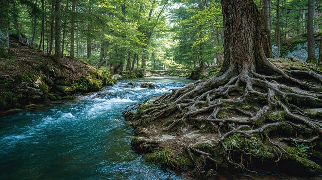 A river's branching structure follows natural fractal patterns. A clear stream flows through a dense forest with large, exposed tree roots along the riverbank under vibrant green foliage.