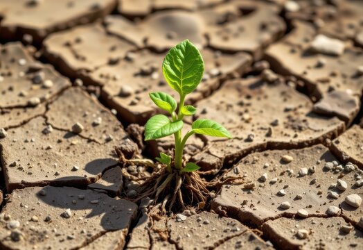 a small plant struggling to survive on dry cracked soil, leaves curling and turning brown, roots visibly shriveled, under hot sunlight.