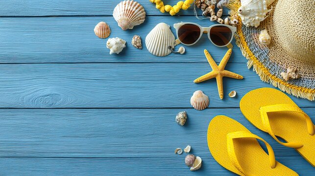Flat lay of summer beach accessories on blue wooden background with straw hat, flip-flops, sunglasses, seashells, and starfish, symbolizing vacation and tropical relaxation with copy space
